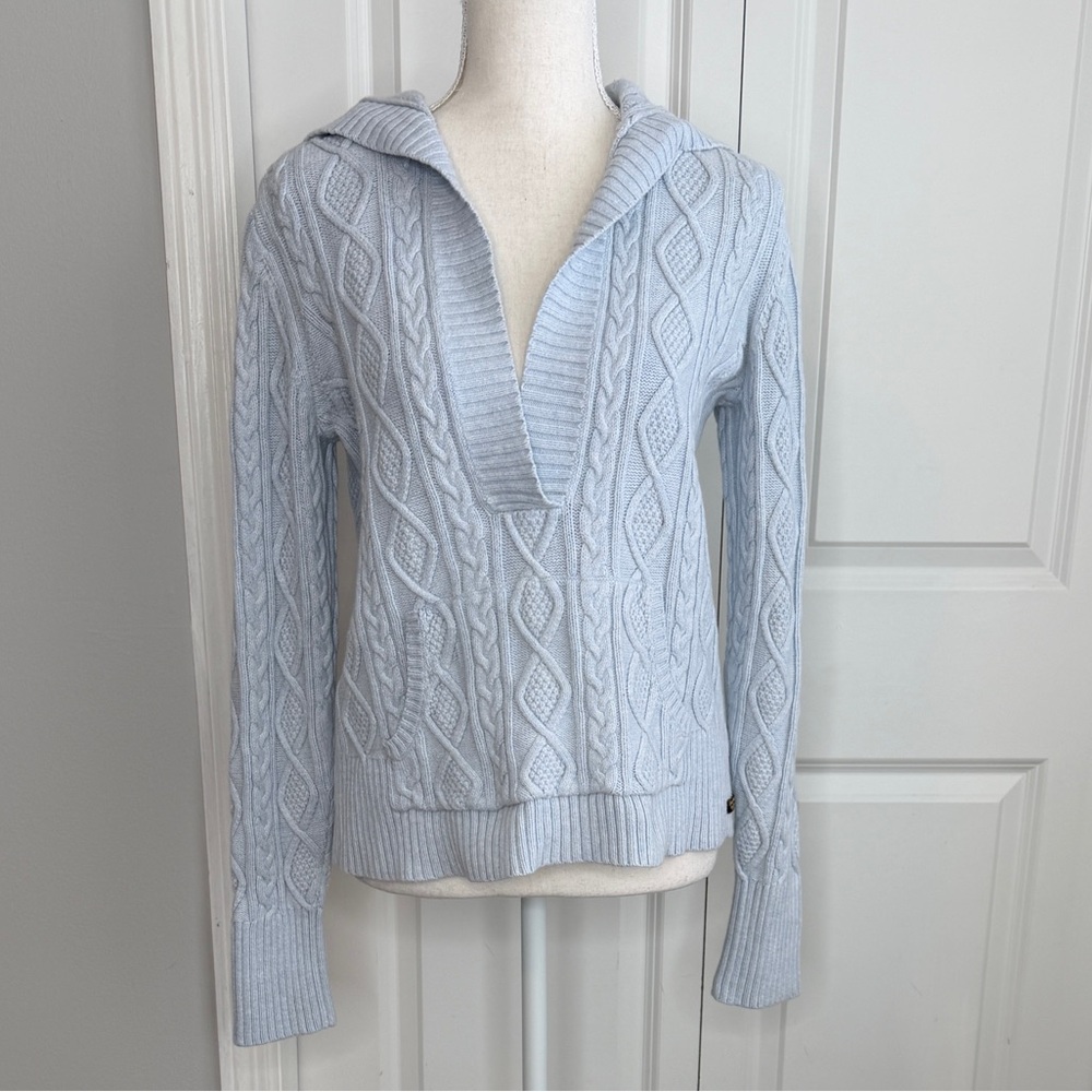 Polo Jeans 1967 Vintage Light Blue Cable Knit Hooded Sweater Medium Ralph Lauren